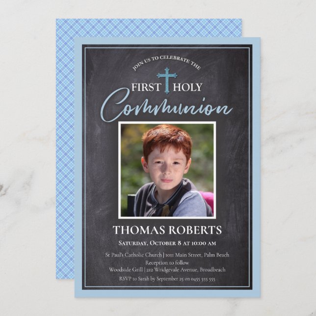 First Communion Invitations | Photo Blue Cross 3 (Front/Back)