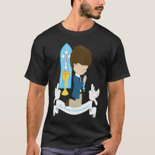 First Communion Kids Brown Hair Boy Rosary Son T-Shirt