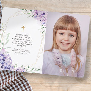 First Communion Lilac Floral Geometric Photo Thank You Card