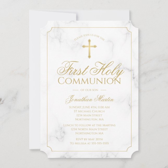 First Communion Marble Elegant Gold Script Boy Invitation (Front)