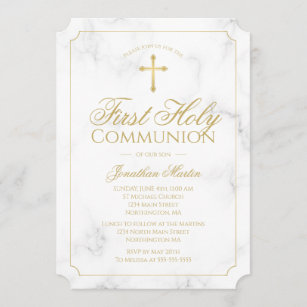 First Communion Marble Elegant Gold Script Boy Invitation