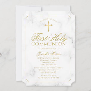 First Communion Marble Elegant Gold Script Girl Invitation