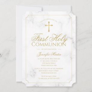 First Communion Marble Elegant Gold Script Girl Invitation