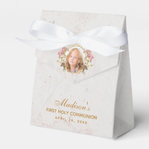 First Communion Marble Girl Photo Pink Orchid Gold Favour Box