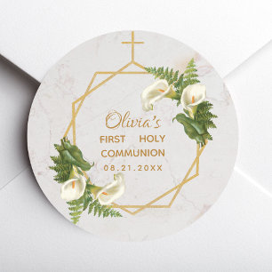 First Communion Marble Gold Calla Lilies Geometric Classic Round Sticker