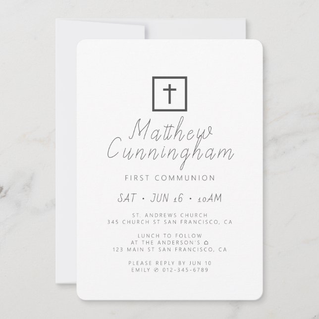 First Communion Modern Minimalist Black Cross Invitation (Front)