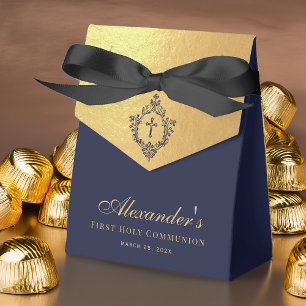 First Communion Navy Blue Faux Gold Elegant Crest Favour Box