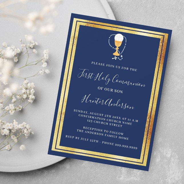 First Communion navy blue gold chalice host Invitation (Creator Uploaded)