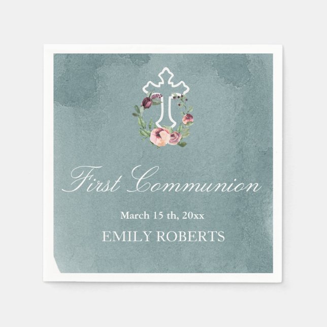 first communion ocean marsala floral monogram napkin (Front)