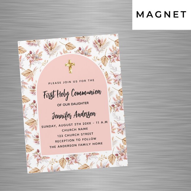 First Communion pampas flowers rose gold luxury Magnetic Invitation (Creator Uploaded)