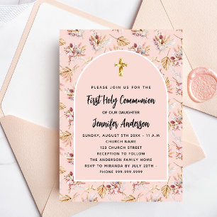 First Communion pampas grass flowers rose gold Invitation Postcard