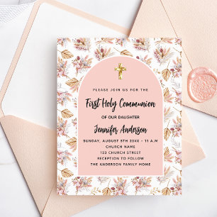 First Communion pampas rose gold budget invitation