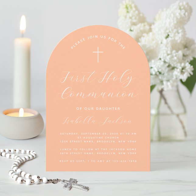 First Communion Peach Arch Simple Girl Script Invitation (Creator Uploaded)