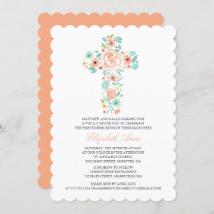 First Communion Peach Watercolor Floral Cross Invitation