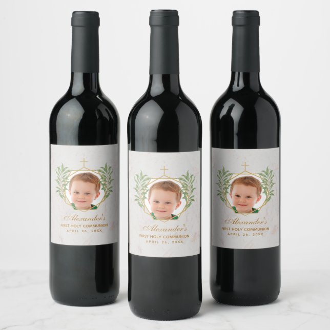 First Communion Photo Greenery Foliage Gold Marble Wine Label (Bottles)