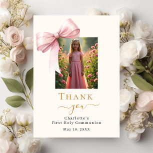 First Communion photo pink bow cream Thank You Card