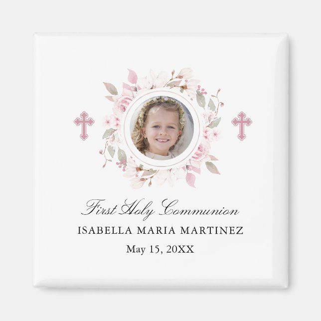 First Communion Photo Pink Flower Cross Favour Magnet (Front)