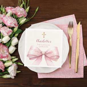 First Communion pink bow cream cross luncheon Napkin