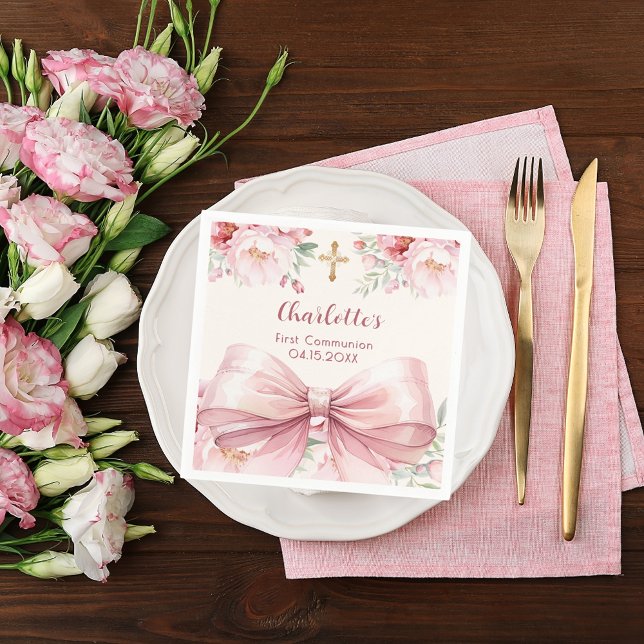 First Communion pink bow cream florals Napkin (Creator Uploaded)