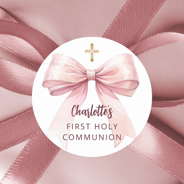 First Communion pink bow girl cross Classic Round Sticker (Creator Uploaded)