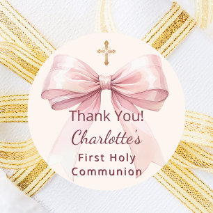 First Communion pink bow ivory cross thank you Classic Round Sticker
