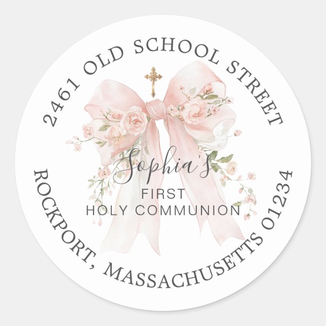 First Communion Pink Bow Return Address Label (Front)