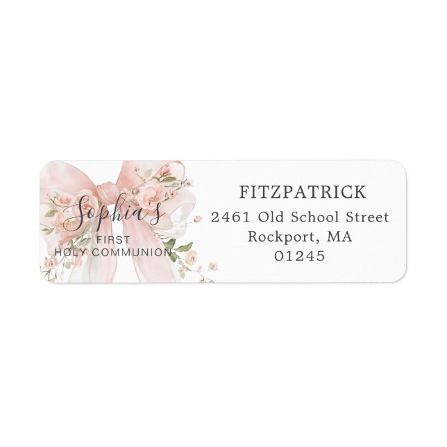 First Communion Pink Bow Roses Return Address Label (Front)