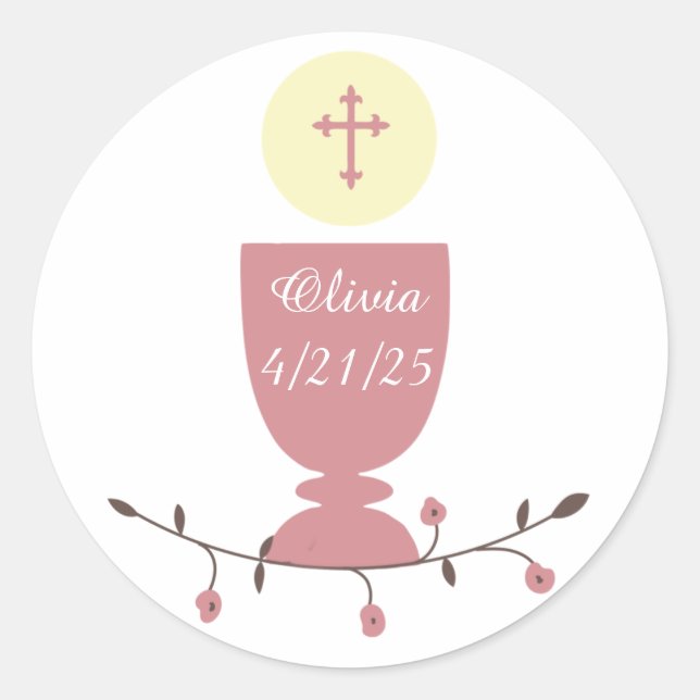 First Communion, Pink Chalice with Cross Classic Round Sticker (Front)