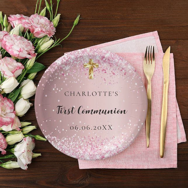 First Communion pink confetti name girl Paper Plate (Creator Uploaded)