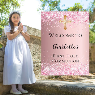First Communion pink confetti welcome Poster