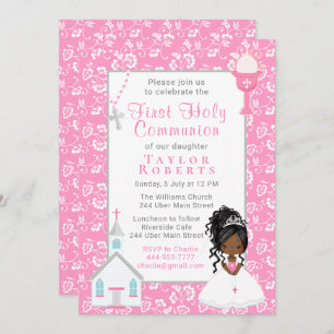 First Communion Pink Floral Black Hair Skin Girl I Invitation