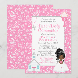 First Communion Pink Floral Black Hair Skin Girl I Invitation