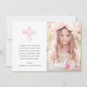 First Communion Pink Floral Cross Script Photo Thank You Card