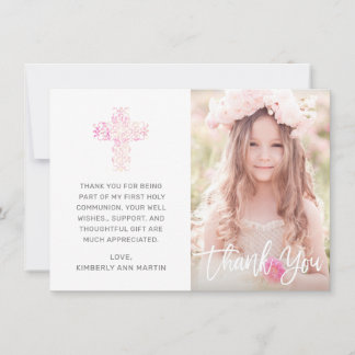 First Communion Pink Floral Cross Script Photo Thank You Card