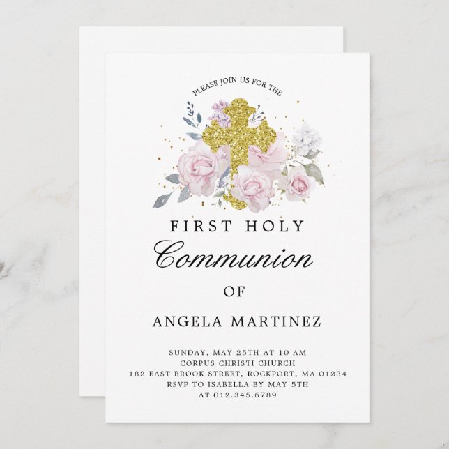 First Communion Pink Floral Gold Cross Invitation (Front/Back)
