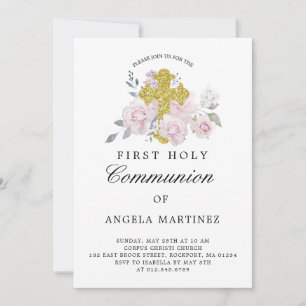 First Communion Pink Floral Gold Cross Invitation