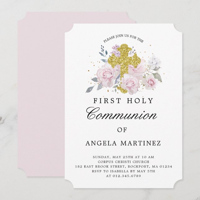 First Communion Pink Floral Gold Cross Invitation (Front/Back)