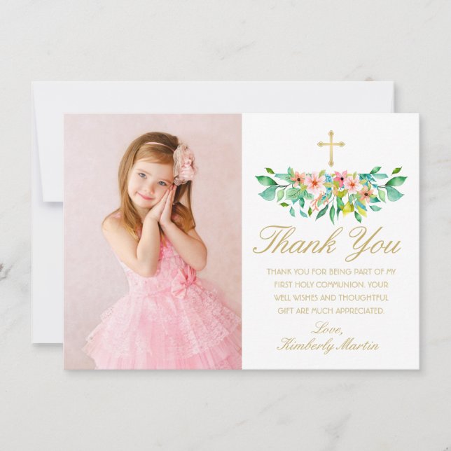 First Communion Pink Floral Gold Cross Photo Thank You Card (Front)