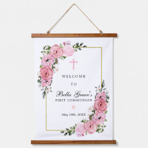 First Communion Pink Floral Keepsake Welcome Sign Hanging Tapestry