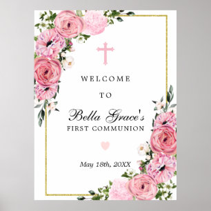 First Communion Pink Floral Welcome Sign