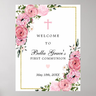 First Communion Pink Floral Welcome Sign