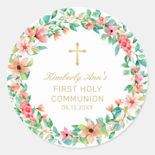 First Communion Pink Floral Wreath Gold Cross Name Classic Round Sticker