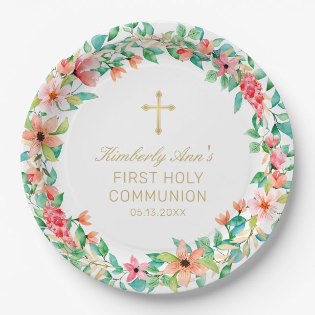 First Communion Pink Floral Wreath Gold Cross Name Paper Plate (Front)