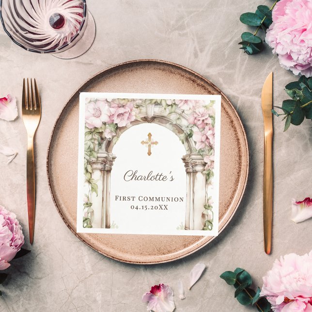 First Communion Pink Florals Arch Cross Luncheon Napkin (Creator Uploaded)