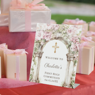First Communion Pink Florals Arch Cross Welcome Pedestal Sign