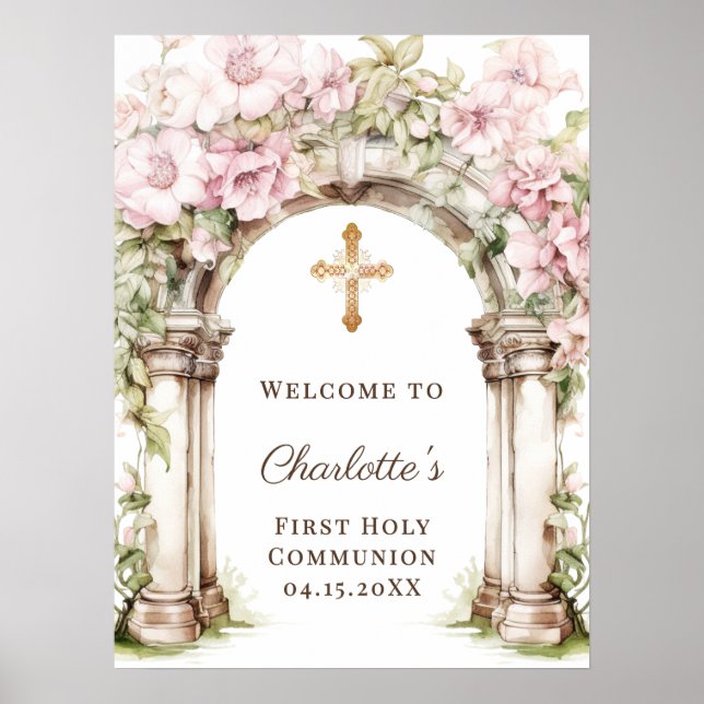 First Communion Pink Florals Arch Cross Welcome Poster (Front)