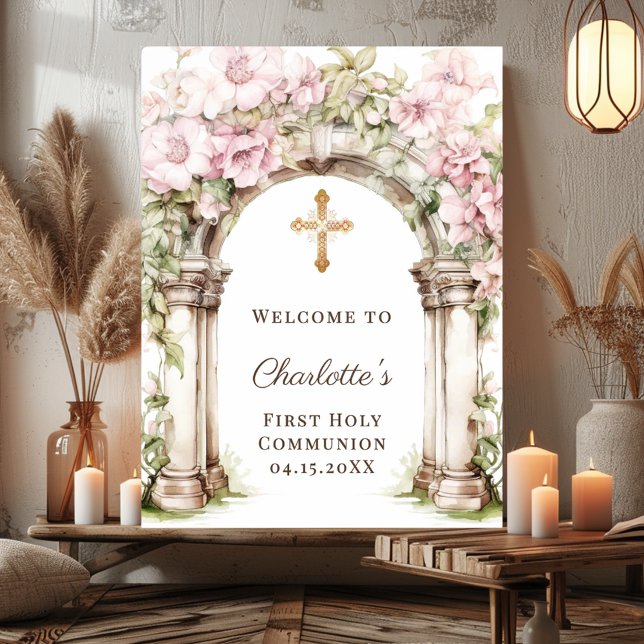 First Communion Pink Florals Arch Cross Welcome Poster (Creator Uploaded)