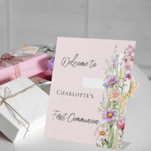 First Communion pink florals cross welcome sign