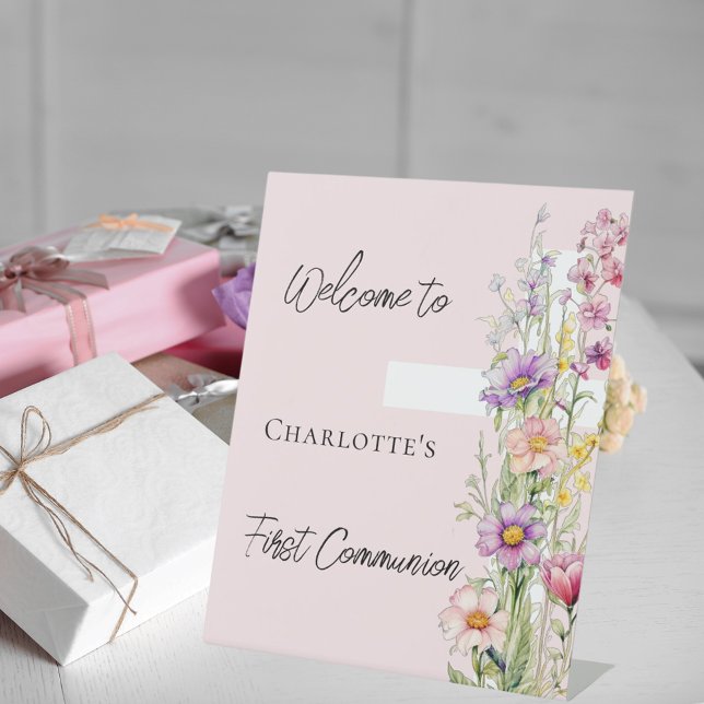 First Communion pink florals cross welcome sign (Creator Uploaded)