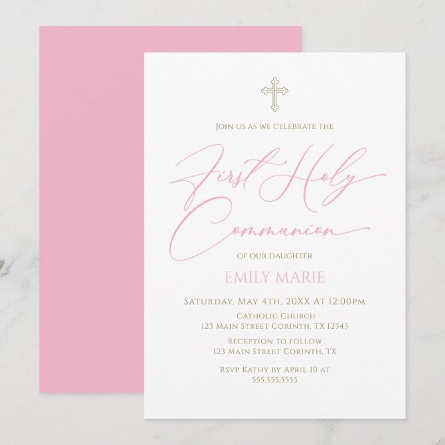 First Communion Pink Invitation (Front/Back)